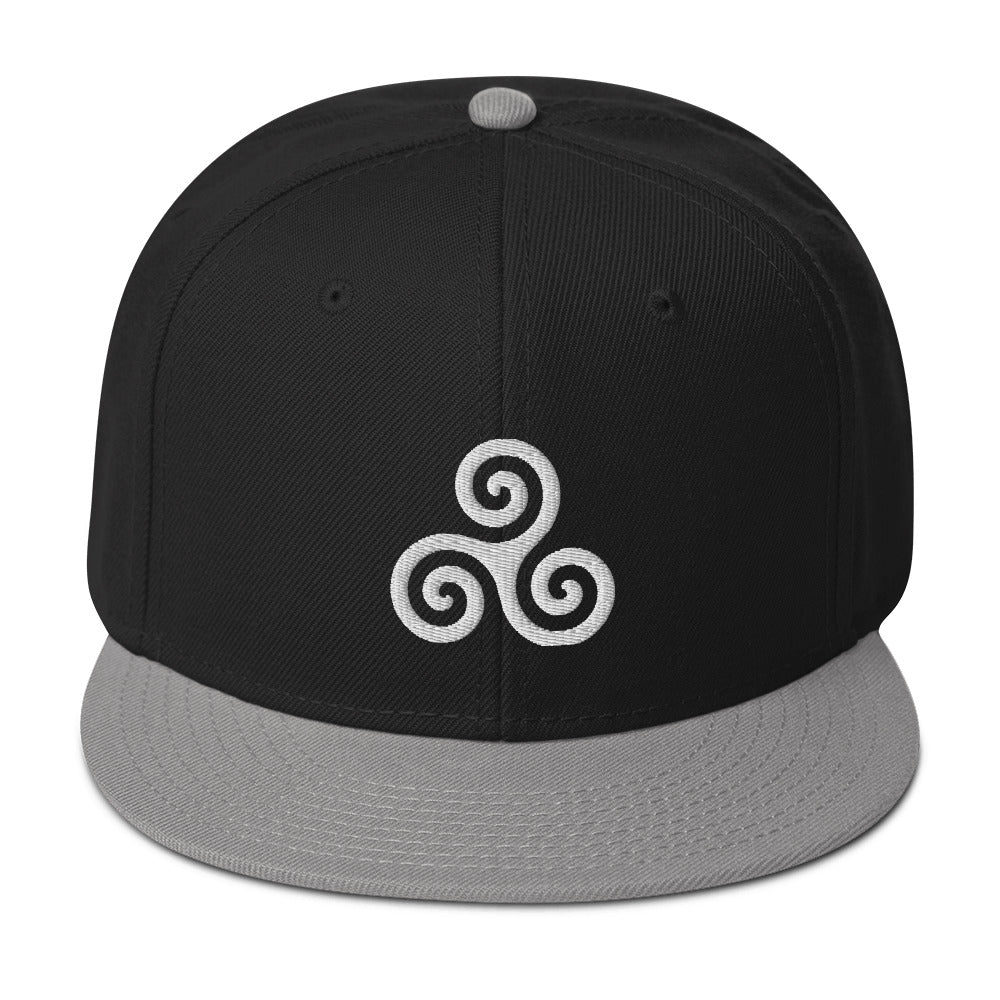 White Triskelion or Triskeles Spiral Embroidered Flat Bill Cap Snapback Hat