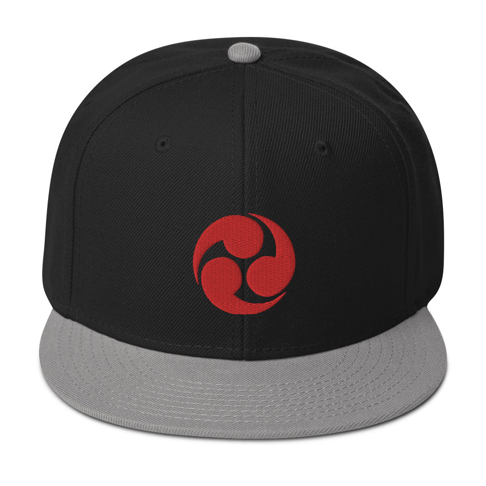 Red Tomoe Mitsudomoe Japanese Symbol Embroidered Flat Bill Cap Snapback Hat