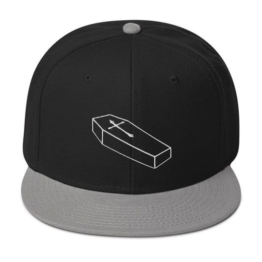 White Toe Pincher Coffin with Cross Embroidered Flat Bill Cap embroidered snapback hat, product image 1