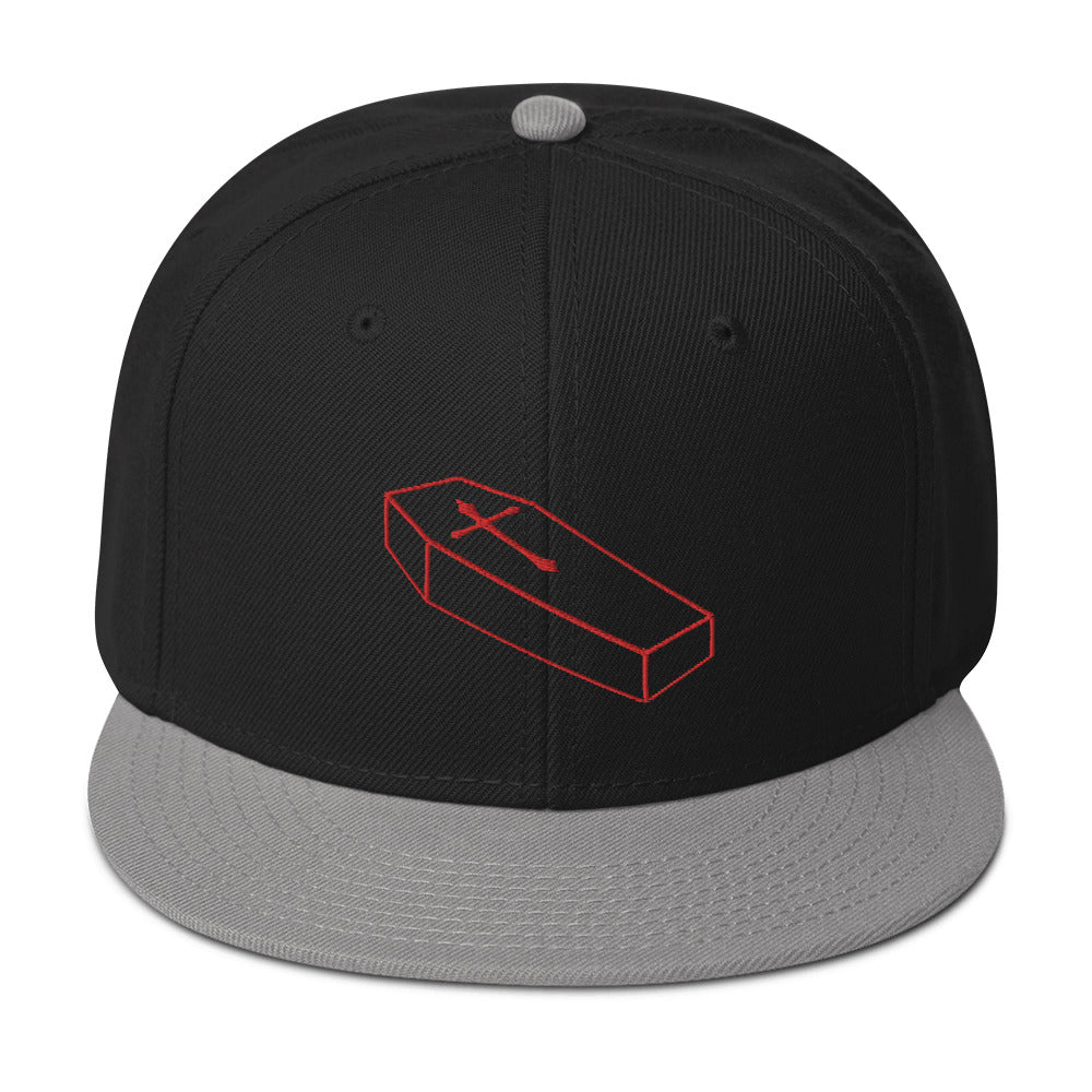 Red Toe Pincher Coffin with Cross Embroidered Flat Bill Cap Snapback Hat