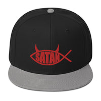 Red Satan Fish with Horns Religious Satire Embroidered Flat Bill Cap embroidered snapback hat, product image 11