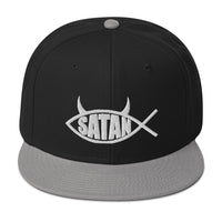 Satan Fish with Horns Religious Satire Embroidered Flat Bill Cap embroidered snapback hat, product image 1