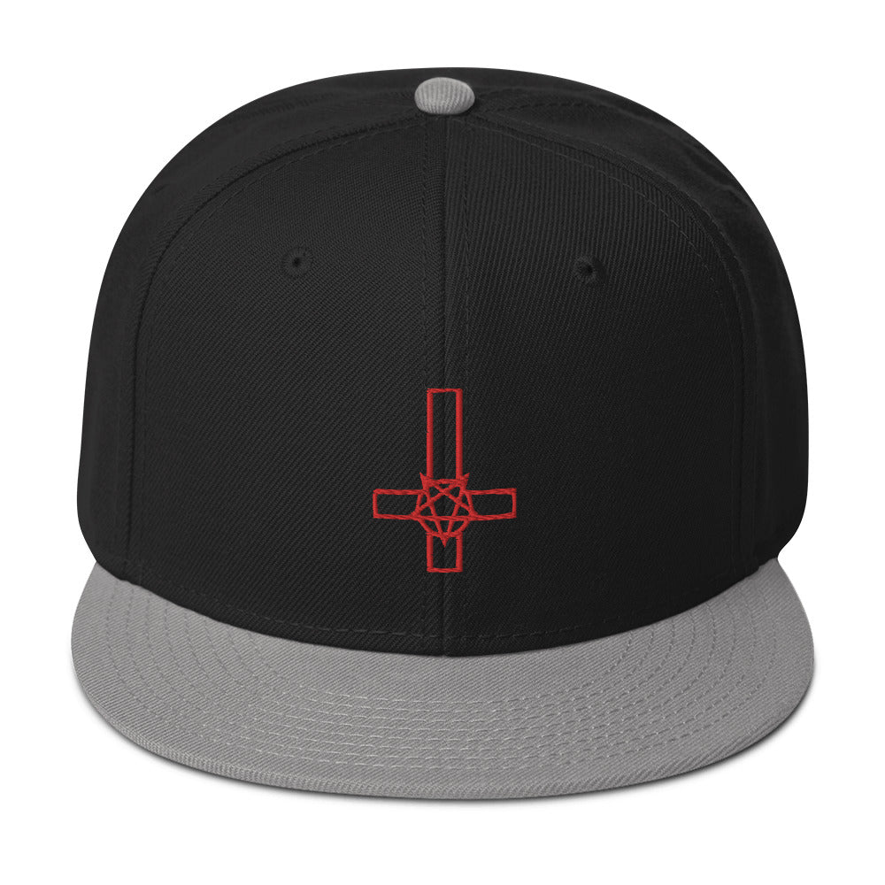 Red Pentacross Inverted Pentagram Cross Embroidered Flat Bill Cap Snapback Hat
