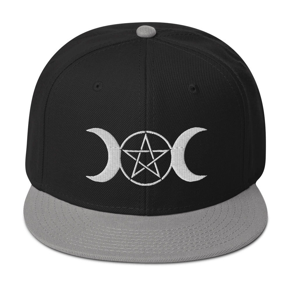 White Pagan Triple Moon Goddess Embroidered Flat Bill Cap Snapback Hat