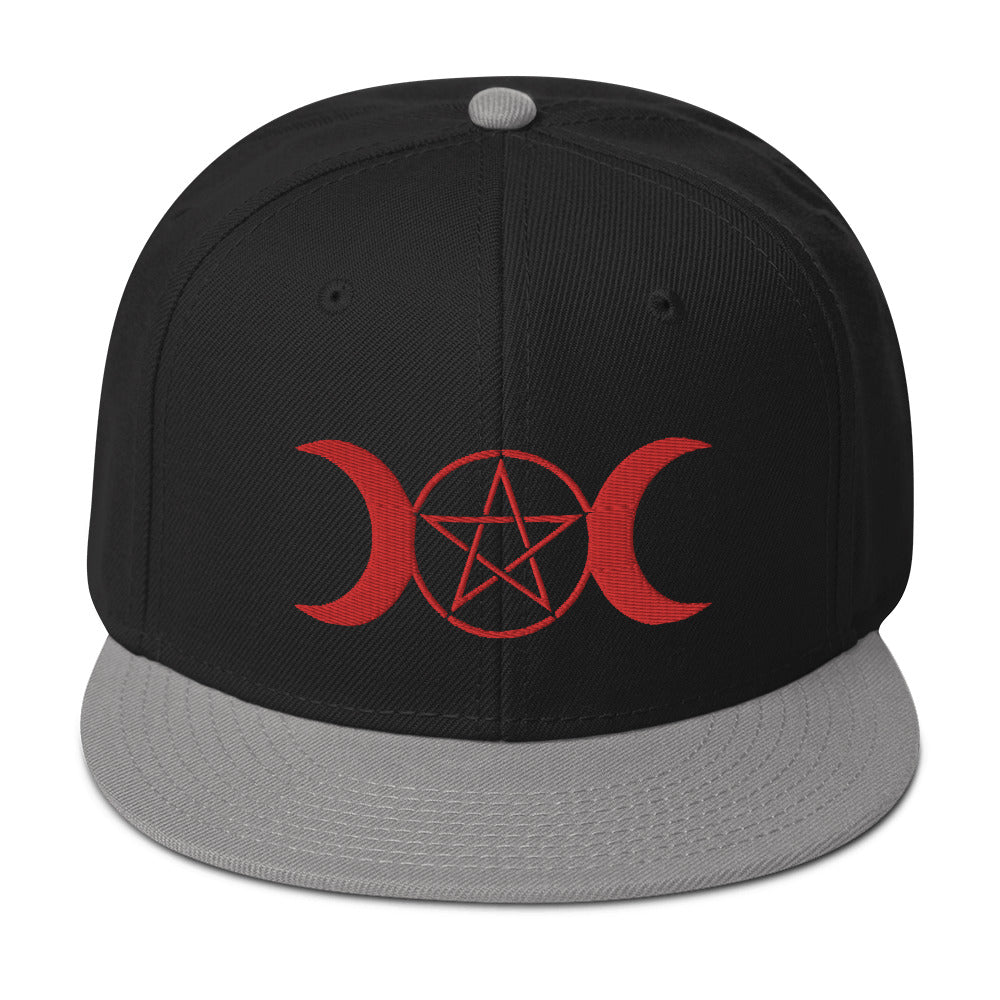 Red Pagan Triple Moon Goddess Embroidered Flat Bill Cap Snapback Hat