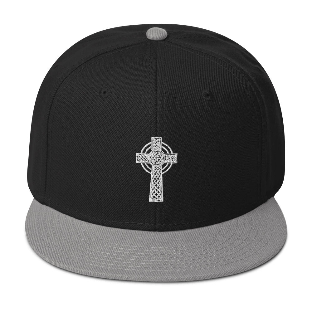White Old Celtic Cross Circle of Light Embroidered Flat Bill Cap Snapback Hat
