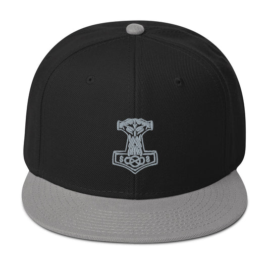 Grey Odin War Hammer Norse Mythology Embroidered Flat Bill Cap embroidered snapback hat, product image 1