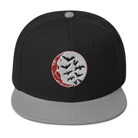 Flying Bats over a Blood Moon Embroidered Flat Bill Cap embroidered snapback hat, product image 1