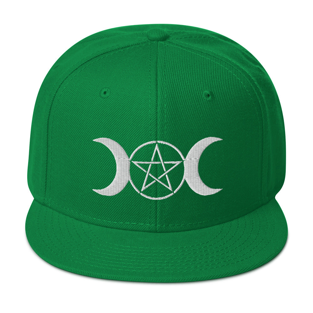 White Pagan Triple Moon Goddess Embroidered Flat Bill Cap Snapback Hat