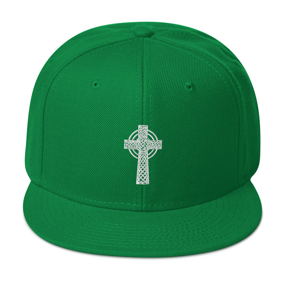 White Old Celtic Cross Circle of Light Embroidered Flat Bill Cap Snapback Hat