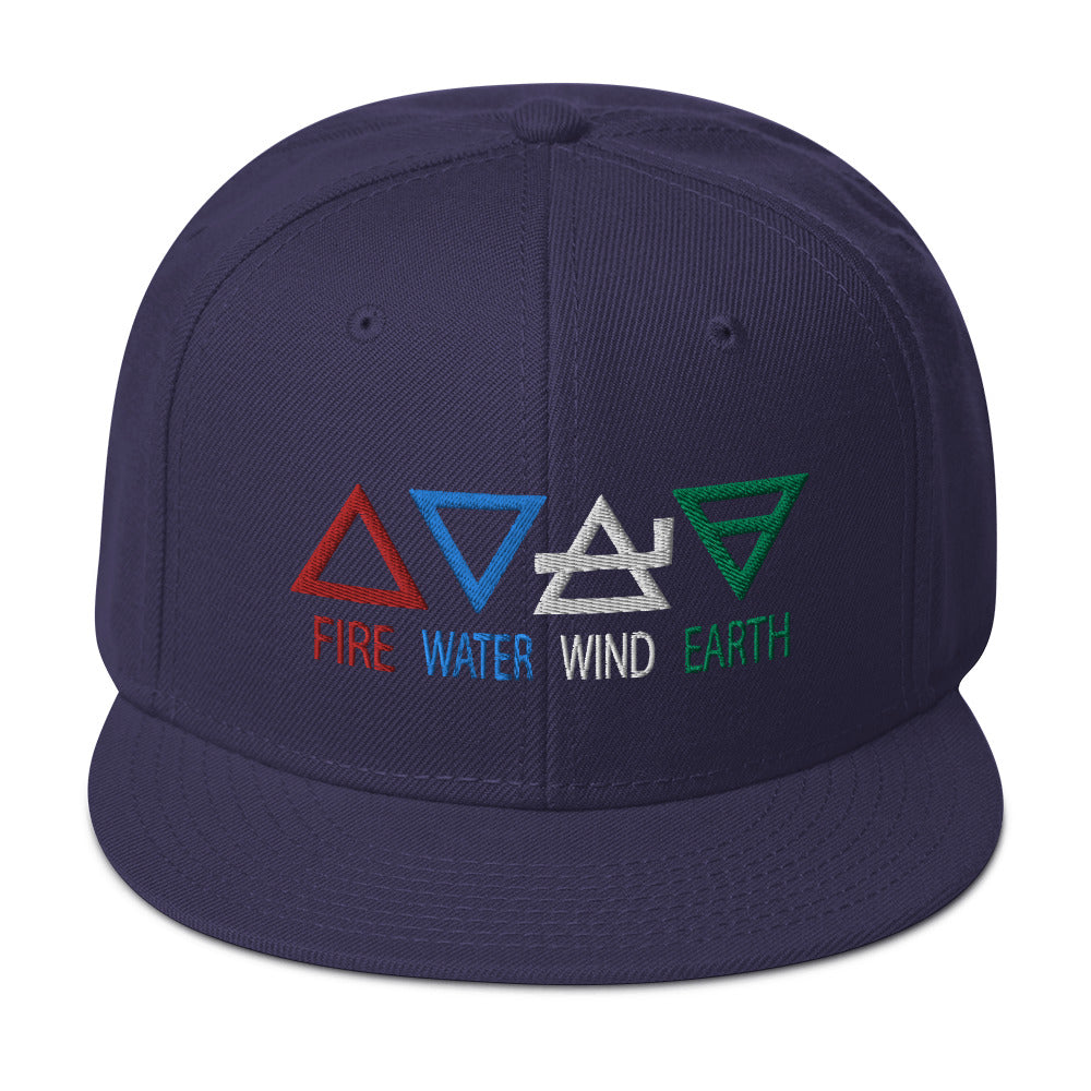 Four Elements of Matter: Fire, Water, Wind, Earth Embroidered Flat Bill Cap Snapback Hat