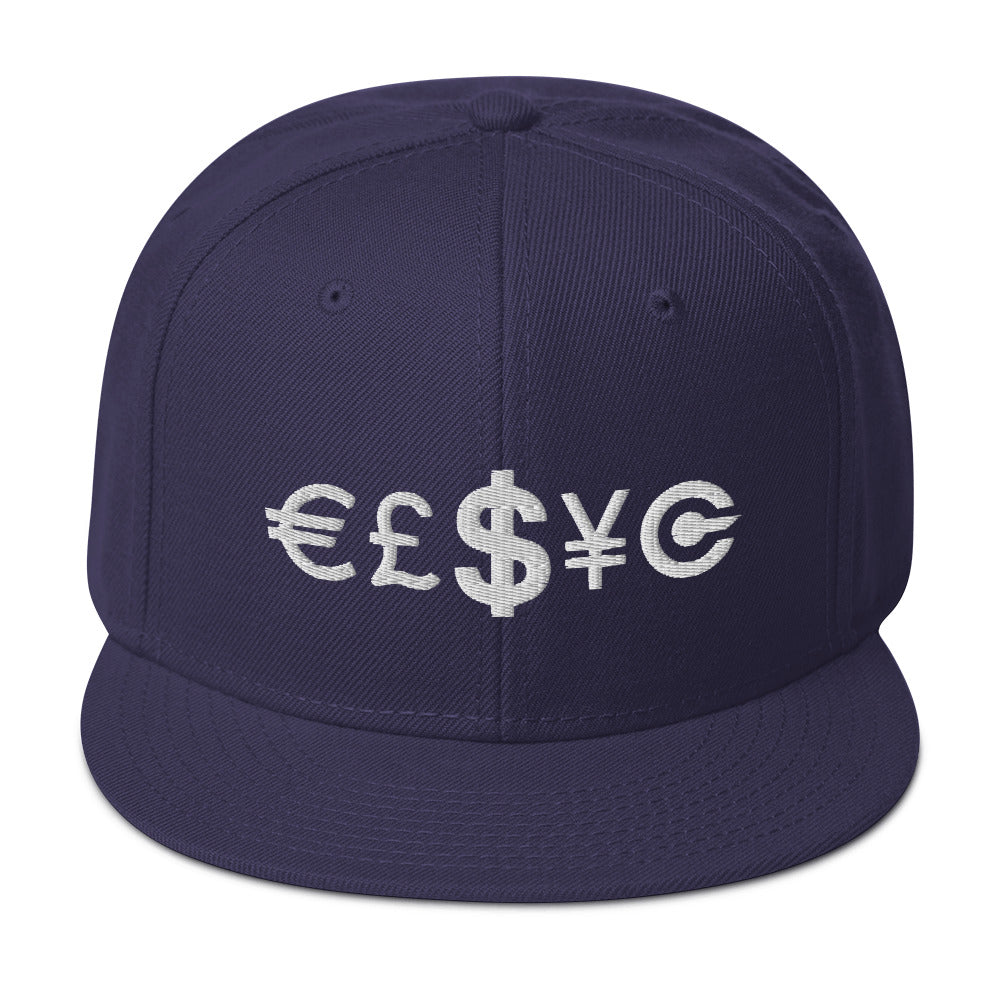 Money is Power Dollar Euro Pound Yen Crypto Embroidered Flat Bill Cap Snapback Hat