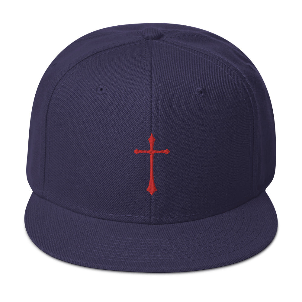 Red Gothic Medeival Cross Embroidered Flat Bill Cap Snapback Hat