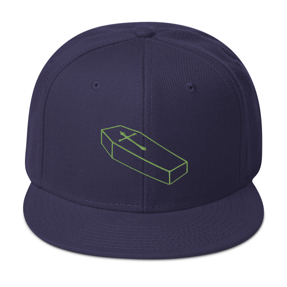 Green Toe Pincher Coffin with Cross Embroidered Flat Bill Cap Snapback Hat