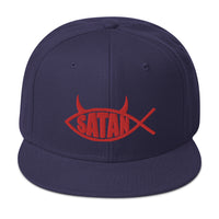Red Satan Fish with Horns Religious Satire Embroidered Flat Bill Cap embroidered snapback hat, product image 19