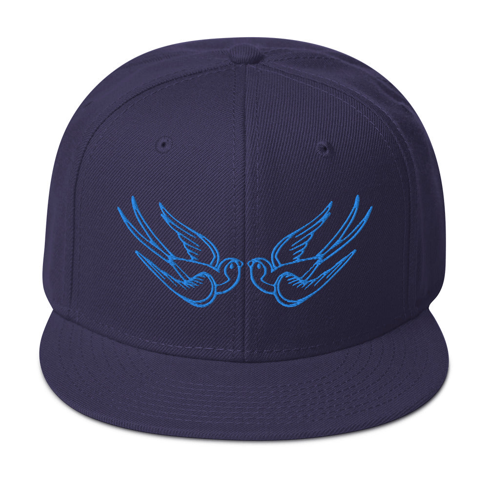 Blue Falling Sparrows Tattoo Style Bird Embroidered Flat Bill Cap Snapback Hat