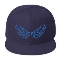 Blue Falling Sparrows Tattoo Style Bird Embroidered Flat Bill Cap embroidered snapback hat, product image 19