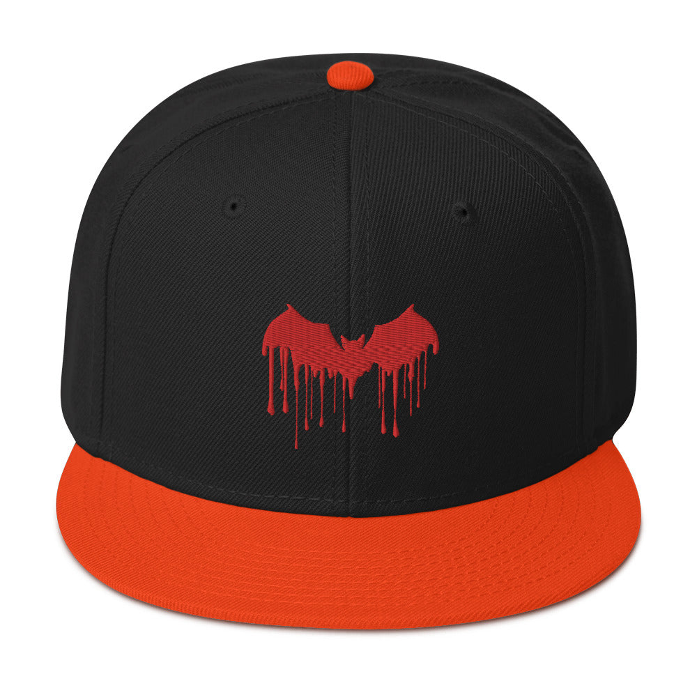 Red Vampire Bat Blood Drip Embroidered Flat Bill Cap Snapback Hat