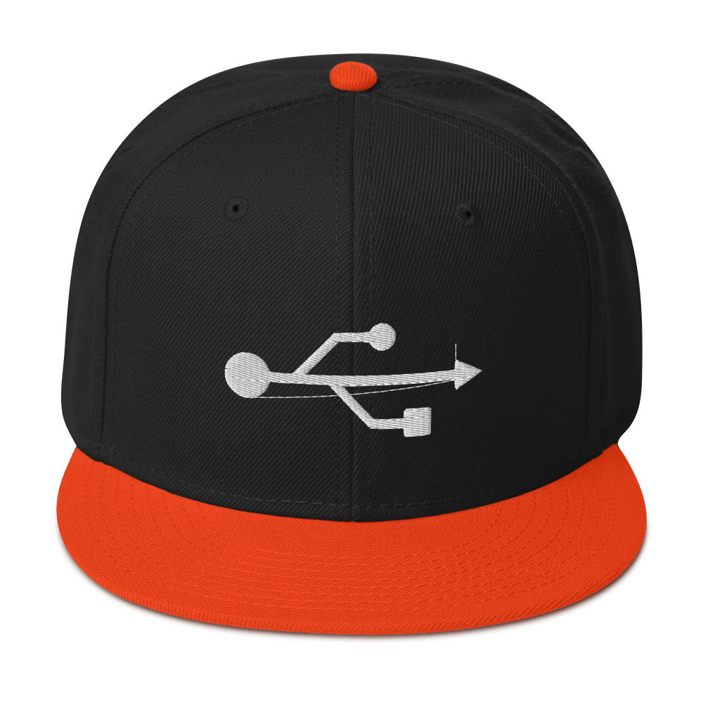 USB Symbol Embroidered Universal Serial Bus Flat Bill Cap Snapback Hat
