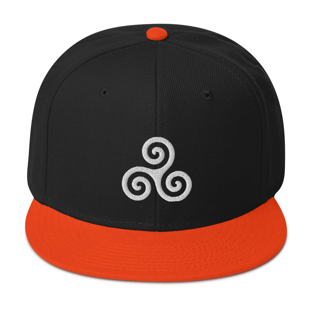 White Triskelion or Triskeles Spiral Embroidered Flat Bill Cap Snapback Hat