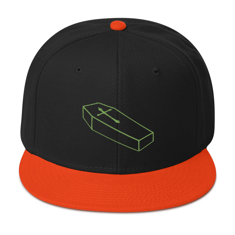 Green Toe Pincher Coffin with Cross Embroidered Flat Bill Cap Snapback Hat