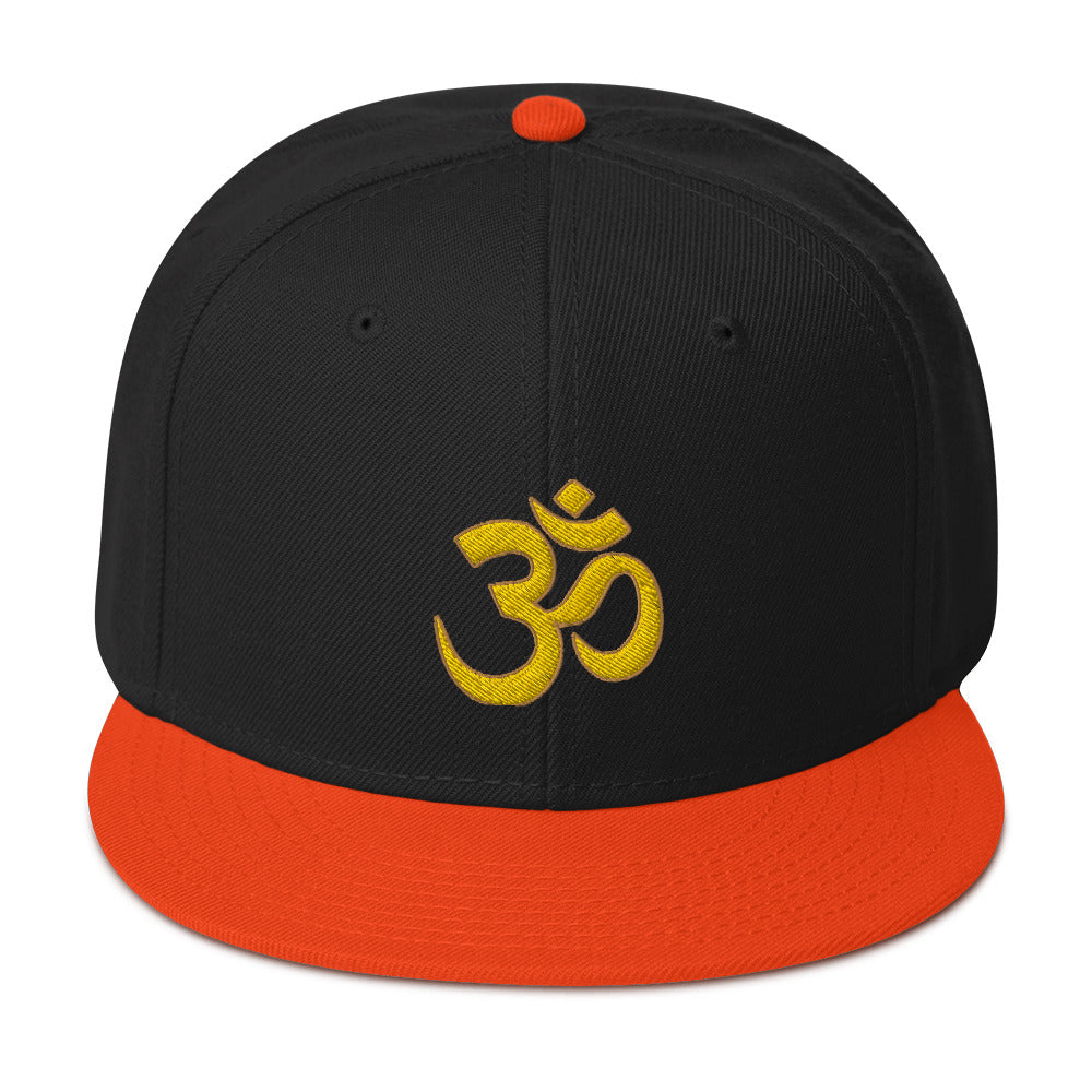 Yellow OM Sacred Spiritual Symbol Embroidered Flat Bill Cap Snapback Hat
