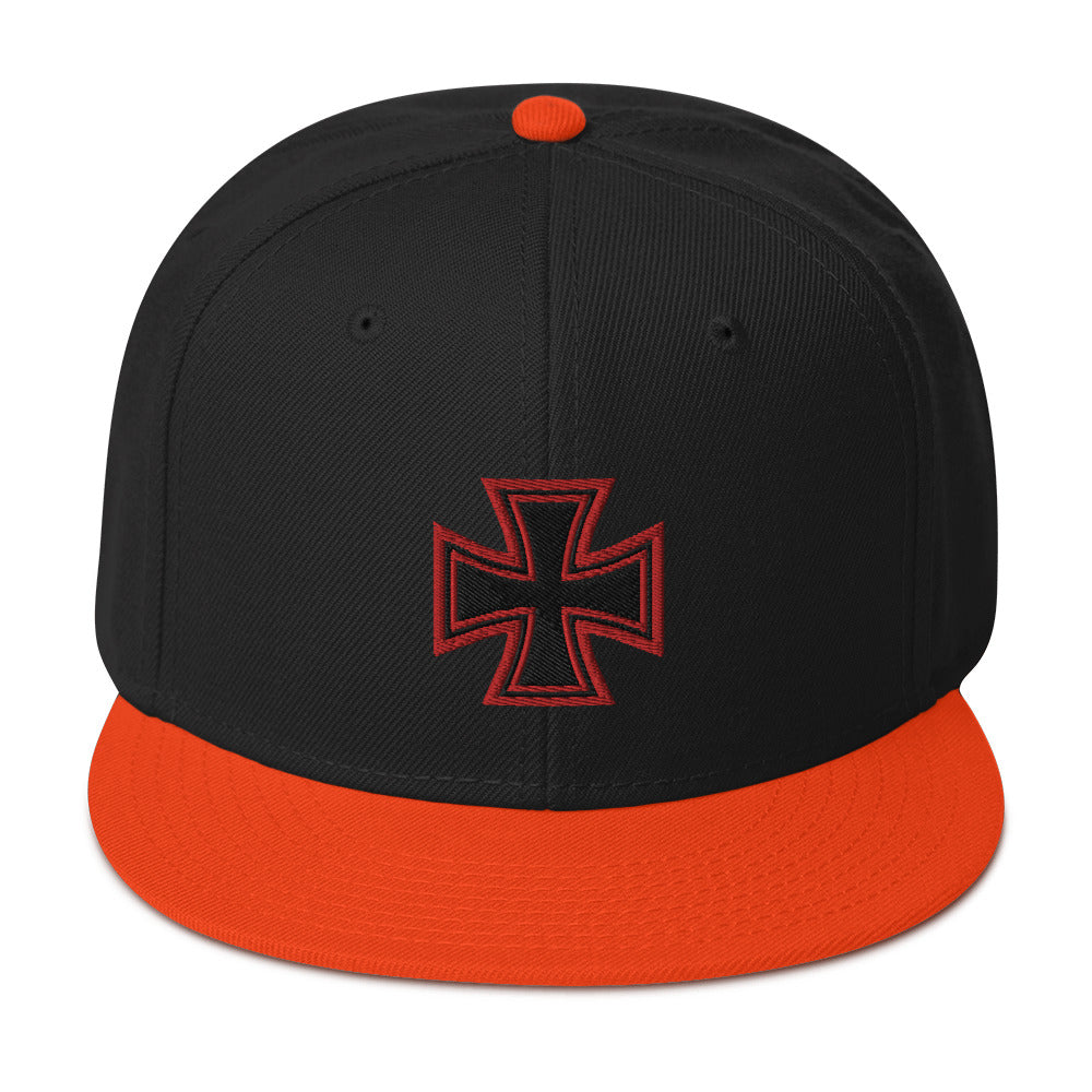 Red Heavy Metal Biker Cross Symbol Embroidered Flat Bill Cap Snapback Hat