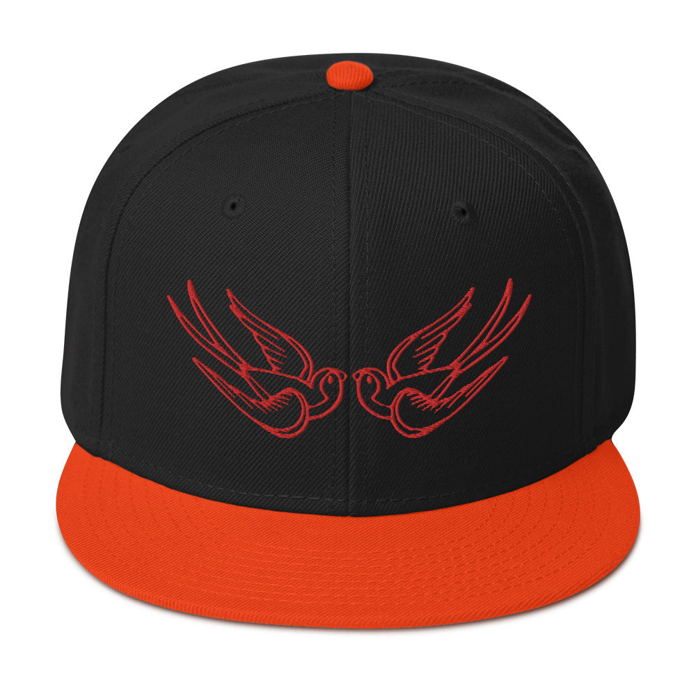 Red Falling Sparrows Tattoo Style Bird Embroidered Flat Bill Cap Snapback Hat