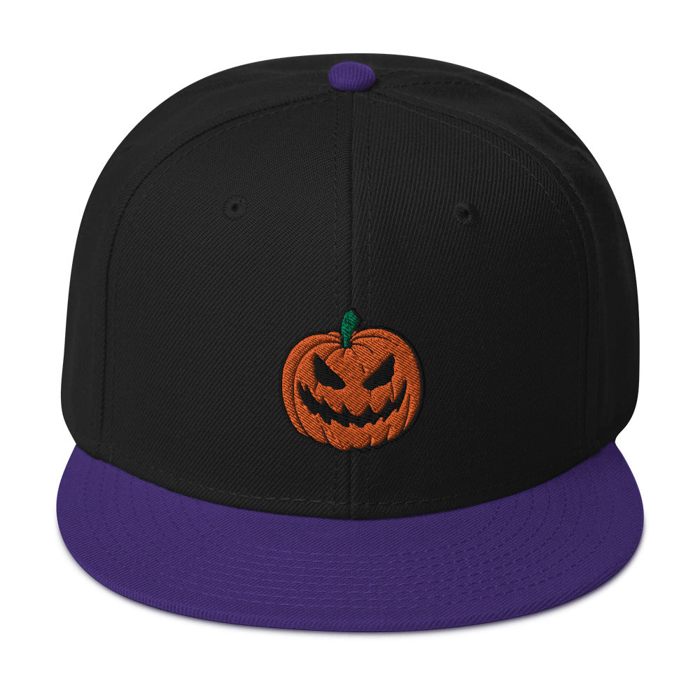 Scary Jack O Lantern Halloween Pumpkin Embroidered Flat Bill Cap Snapback Hat