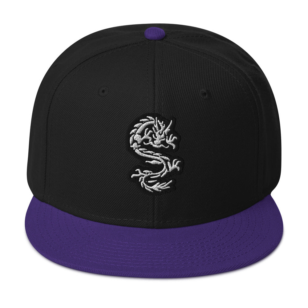 White Ancient Chinese Dragon Embroidered Flat Bill Cap Snapback Hat