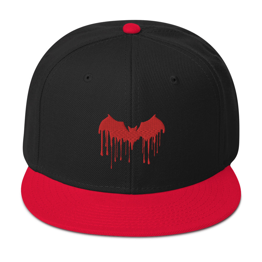 Red Vampire Bat Blood Drip Embroidered Flat Bill Cap Snapback Hat