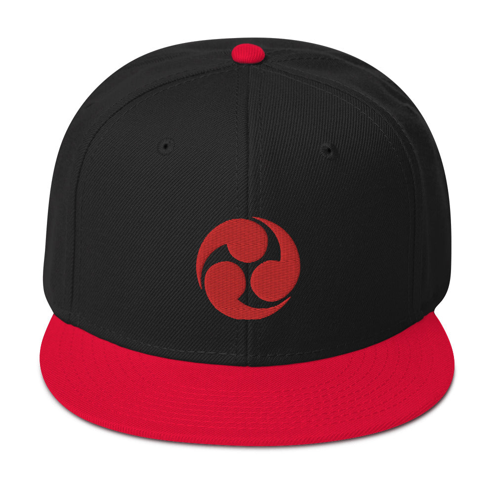 Red Tomoe Mitsudomoe Japanese Symbol Embroidered Flat Bill Cap Snapback Hat