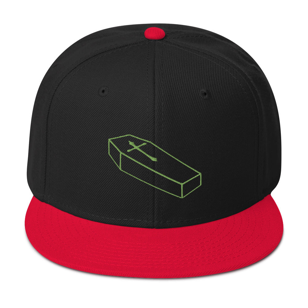 Green Toe Pincher Coffin with Cross Embroidered Flat Bill Cap Snapback Hat