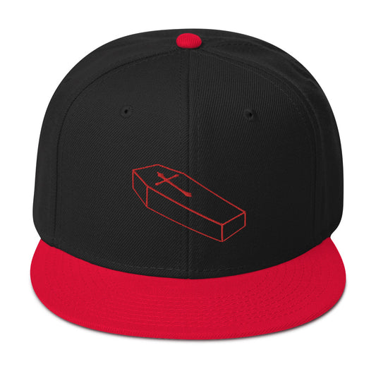 Red Toe Pincher Coffin with Cross Embroidered Flat Bill Cap embroidered snapback hat, product image 1