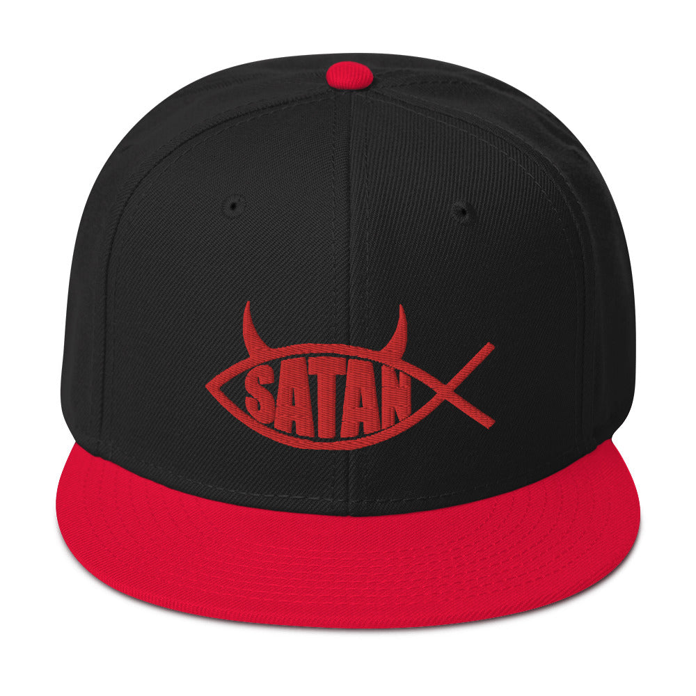 Red Satan Fish with Horns Religious Satire Embroidered Flat Bill Cap Snapback Hat
