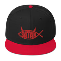 Red Satan Fish with Horns Religious Satire Embroidered Flat Bill Cap embroidered snapback hat, product image 1