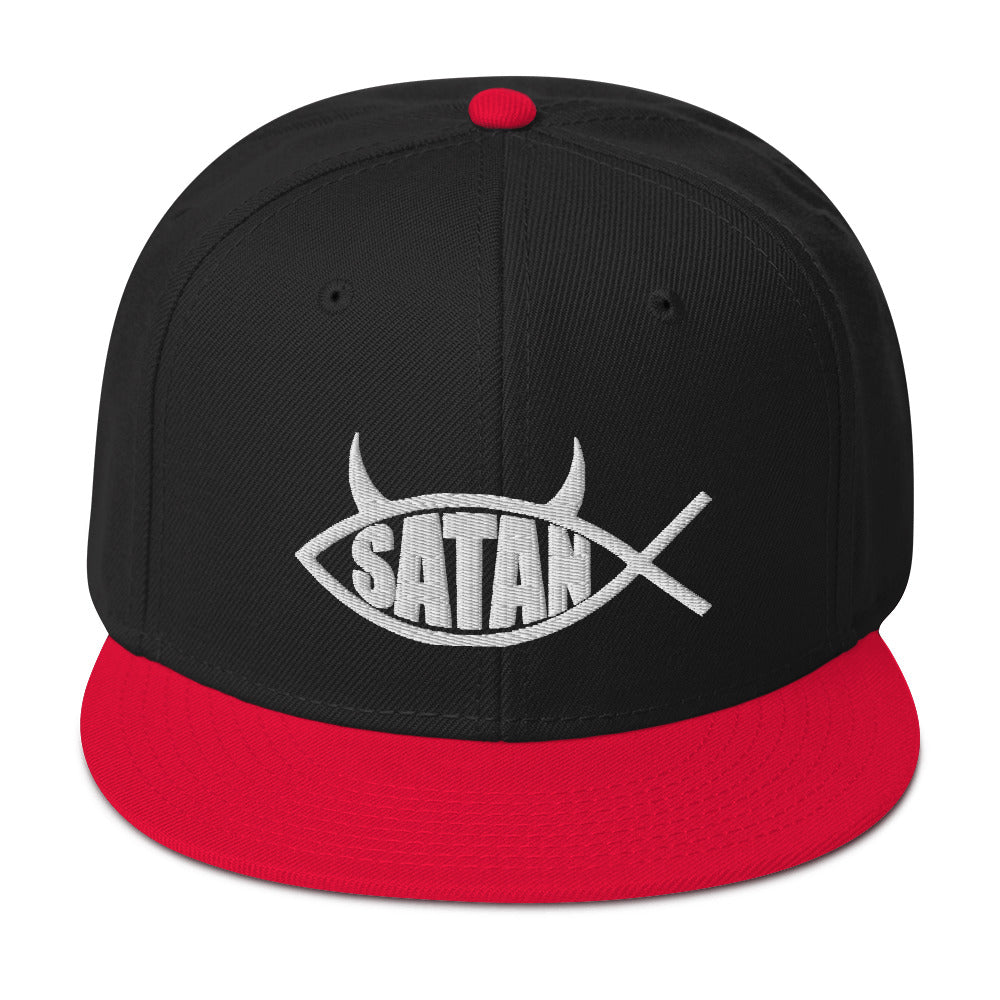 Satan Fish with Horns Religious Satire Embroidered Flat Bill Cap Snapback Hat