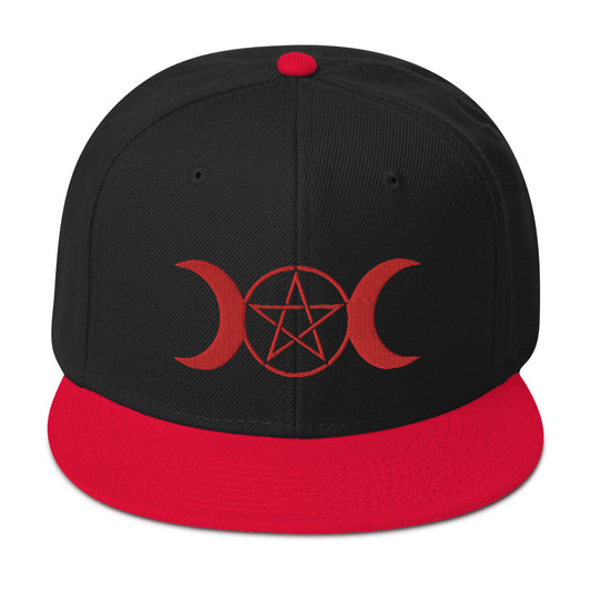 Red Pagan Triple Moon Goddess Embroidered Flat Bill Cap embroidered snapback hat, product image 1