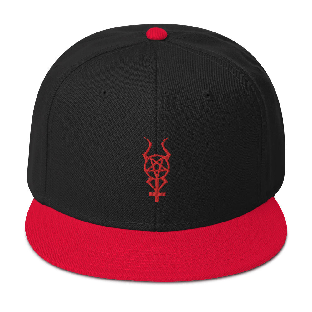 Red Horned Inverted Cross Pentagram Embroidered Flat Bill Cap Snapback Hat