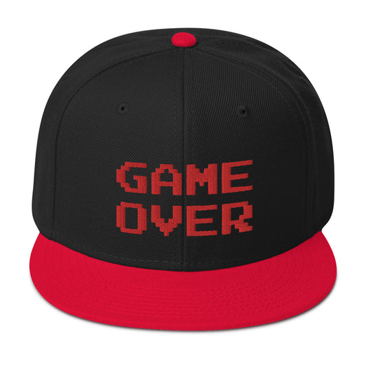 Red Game Over 8 Bit 80's Retro Gaming Embroidered Flat Bill Cap embroidered snapback hat, product image 1