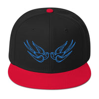 Blue Falling Sparrows Tattoo Style Bird Embroidered Flat Bill Cap embroidered snapback hat, product image 7