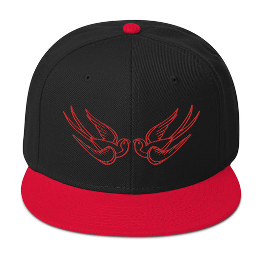 Red Falling Sparrows Tattoo Style Bird Embroidered Flat Bill Cap embroidered snapback hat, product image 1