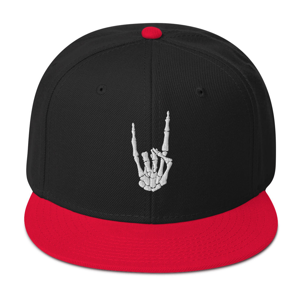 White Bone Hand Devil Horns Metal Sign Embroidered Flat Bill Cap Snapback Hat
