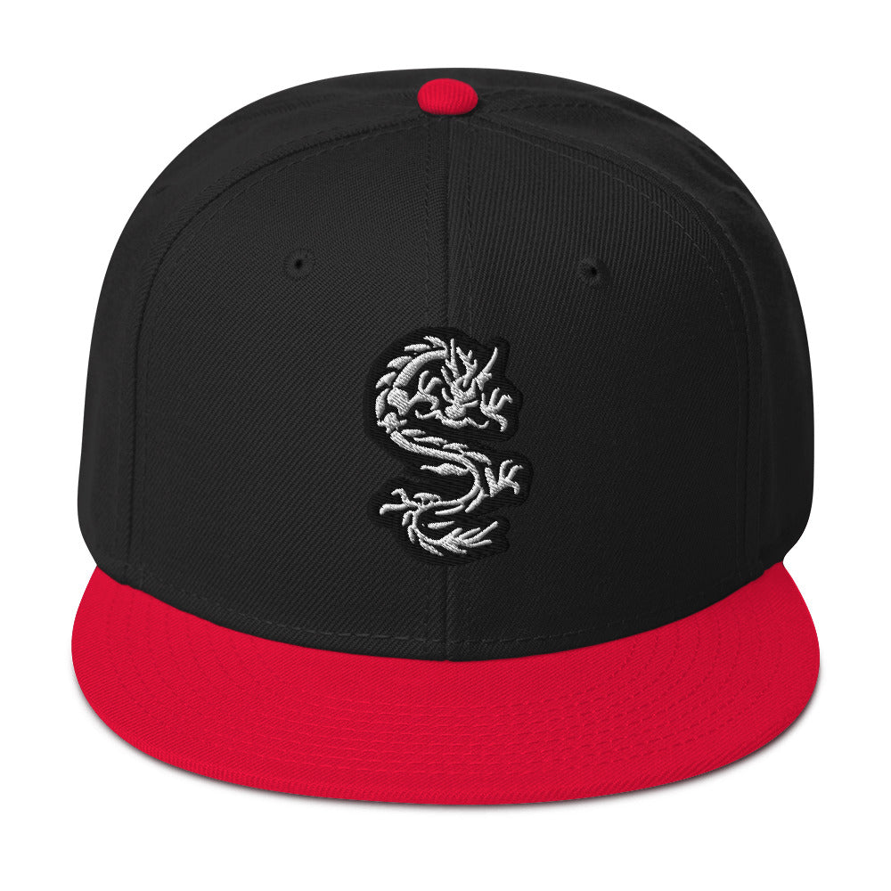 White Ancient Chinese Dragon Embroidered Flat Bill Cap Snapback Hat