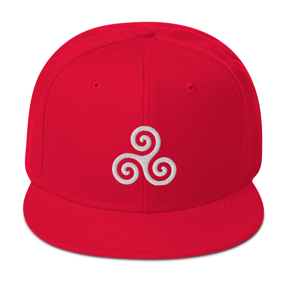 White Triskelion or Triskeles Spiral Embroidered Flat Bill Cap Snapback Hat