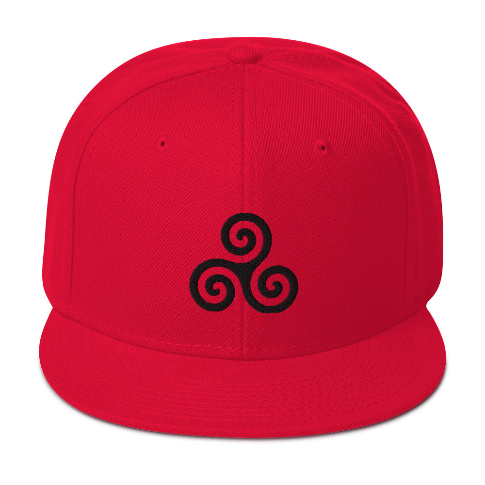 Black Triskelion or Triskeles Spiral Embroidered Flat Bill Cap Snapback Hat