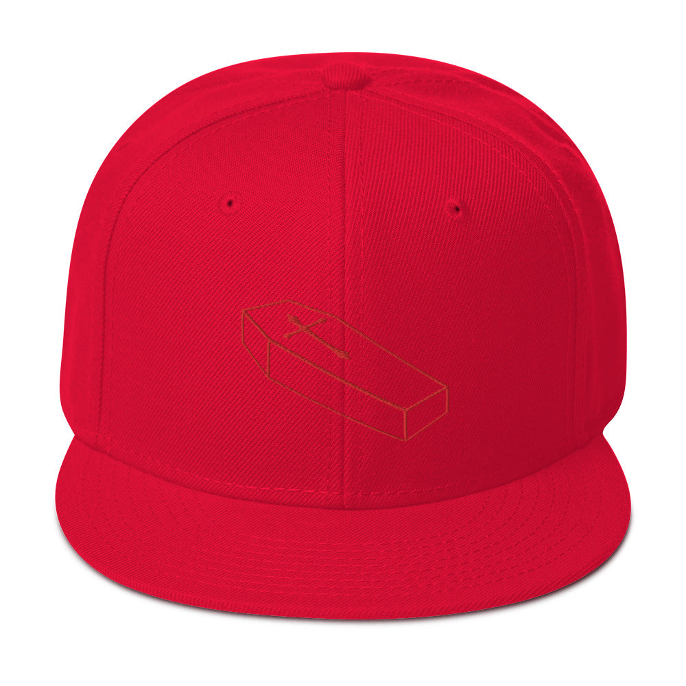 Red Toe Pincher Coffin with Cross Embroidered Flat Bill Cap Snapback Hat