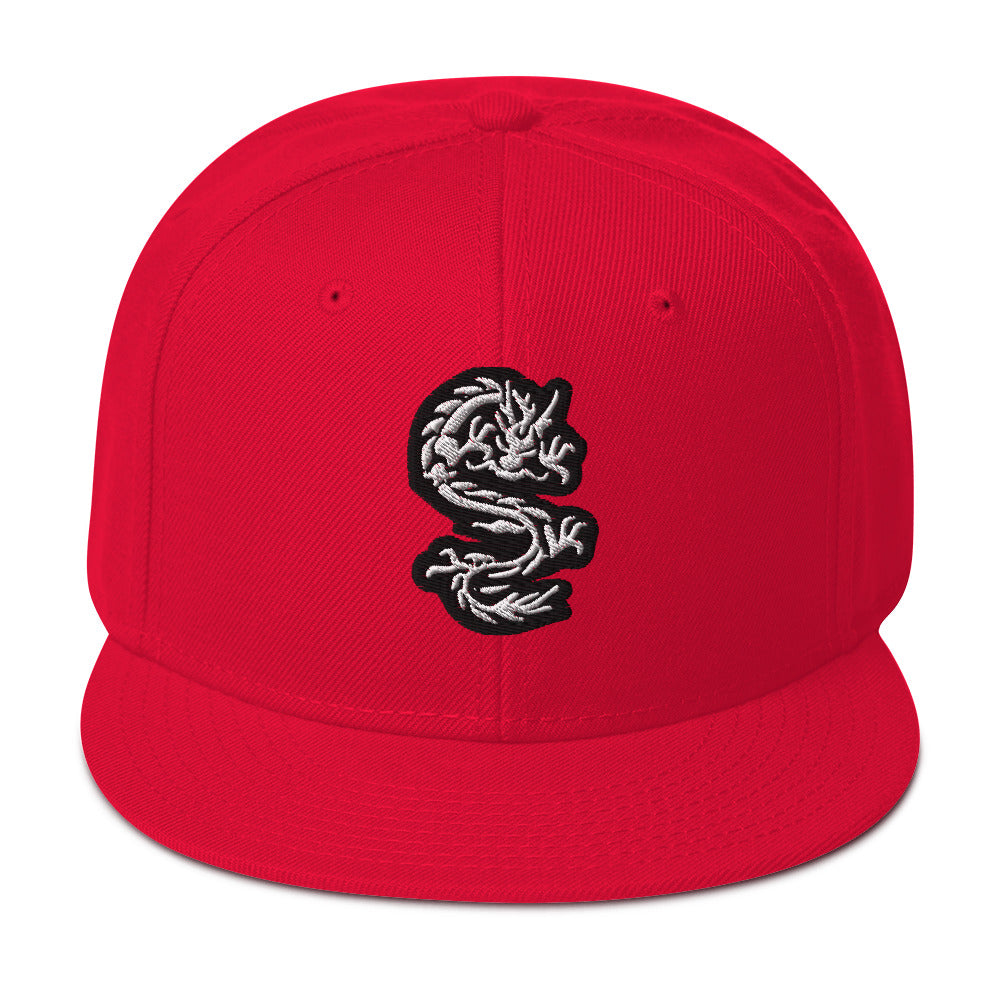 White Ancient Chinese Dragon Embroidered Flat Bill Cap Snapback Hat