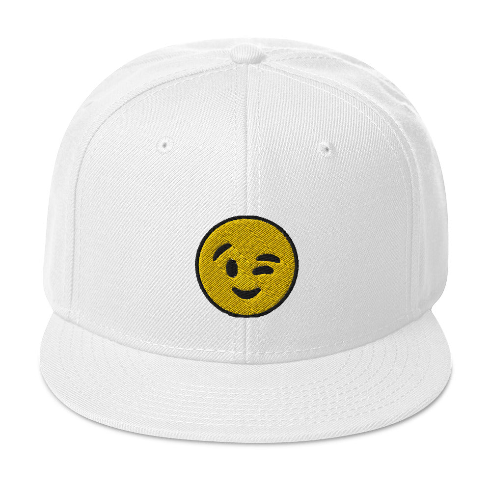 Winking Face Emoji Embroidered Emoticon Flat Bill Cap Snapback Hat
