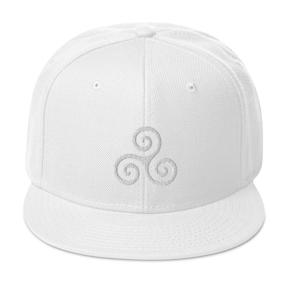 White Triskelion or Triskeles Spiral Embroidered Flat Bill Cap Snapback Hat